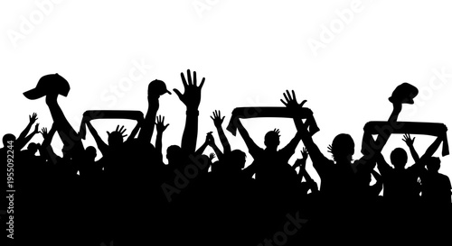 Crowd of Excited Sports Fans Silhouettes Cheering at Stadium