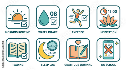 Healthy daily habit tracker icons for wellness and self-care