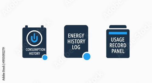 Energy consumption icons: history log and usage record panel for utility management and efficiency
