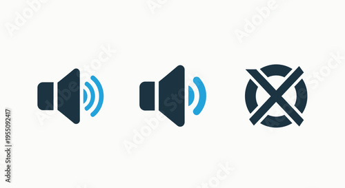 Volume and mute icons: sound level indicators and mute symbol representing audio control for media and technology with volume up