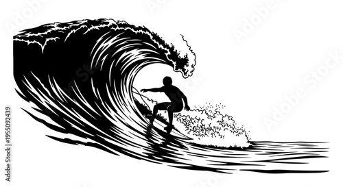 Surfer Riding a Large Ocean Wave Silhouette Illustration