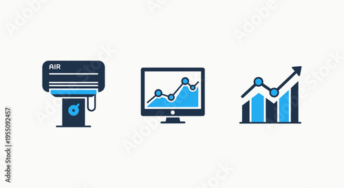Technology and data analysis icons: air conditioning unit, computer monitor with chart, and growth graph symbols for business and environment