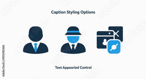User and data icons: person, agent with hat, and device with cable. options for caption styling and text appearance control in digital interfaces. technology, communication