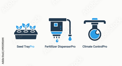 Set of icons for agriculture and farming technology: seed tray, fertilizer dispenser, climate control system for modern farming, planting, and crop cultivation