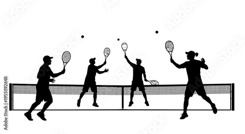 Tennis Players Silhouette Action Set on Court
