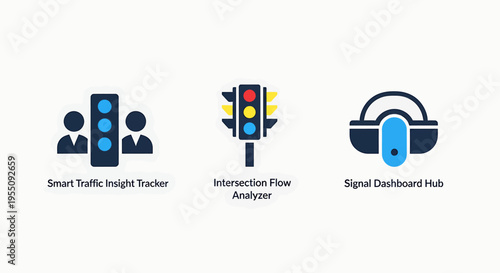 Icons representing traffic management and urban flow: smart traffic lights, pedestrian signals, and cloud-based traffic analysis for city planning and transportation