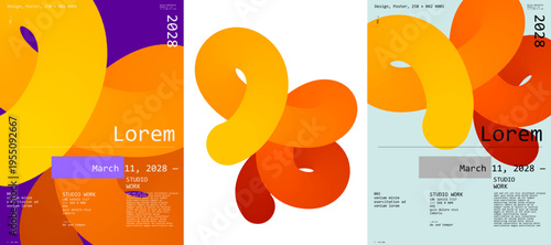 Abstract design featuring intertwined orange and yellow shapes with text elements. The composition includes modern typography and a futuristic date, creating a dynamic visual impact.