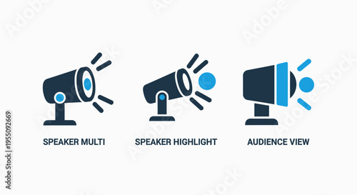 Set of speaker and broadcast icons: multi-directional speaker, spotlight speaker, and audience view icons representing public address, performance, and event broadcasting