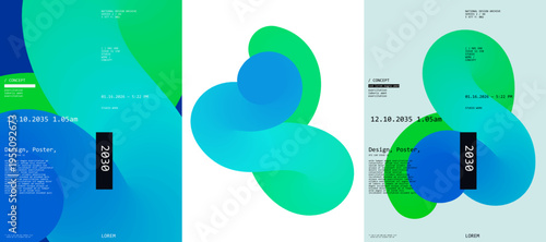 Abstract design featuring overlapping blue and green shapes with text elements. The composition includes futuristic typography and a modern aesthetic, ideal for creative projects.