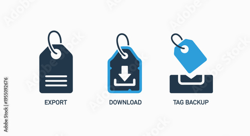 E-commerce icons for online transactions: export data tag, download icon with arrow, and tag backup system for digital commerce, data management, and cloud storage