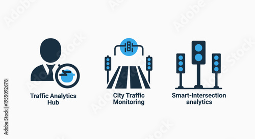 Traffic analytics icons for smart city solutions: user profile with data, city highway monitoring, and smart intersection analytics for intelligent transportation systems