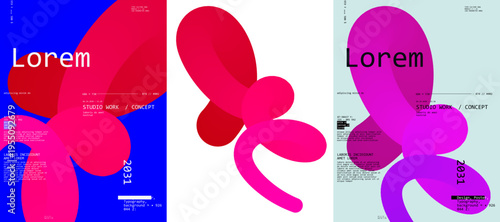 Abstract design featuring bold, overlapping shapes in vibrant pink and red hues against a blue background. Text elements add a modern, conceptual feel to the composition.
