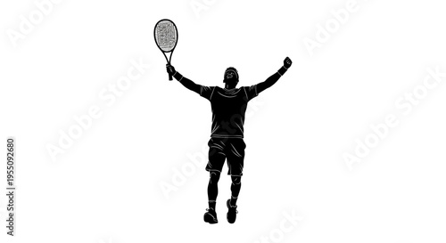 Silhouette of a Victorious Tennis Player Celebrating Victory