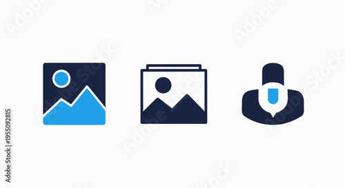 Icons representing image galleries and user profiles, for digital platforms and content management. flat vector design, dark blue