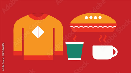 Vector art of cozy autumn scene featuring a sweater, pie, and warm drinks on a red background, perfect for fall vibes and comfort