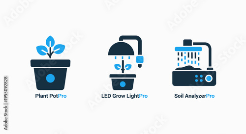 Icons for indoor gardening technology: smart plant pot, led grow light, and soil analysis sensor. flat vector design for hydroponics, dark blue