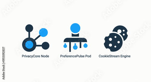 Icons for data privacy and cookies: data network, privacy control, and cookie data icon. flat vector design for cybersecurity, dark blue