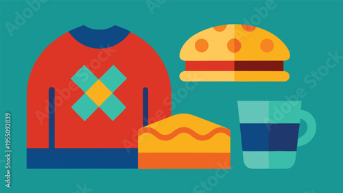 Vector art of a colorful illustration of a sweater, burger, pie, and drink on a teal background, perfect for food and fashion