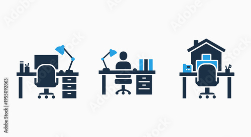 Office and remote work icons: desks, computers, lamps, person