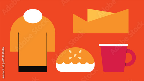Vector art of a vibrant vector illustration featuring a shirt, crown, bun, and mug, all rendered in a modern, geometric style