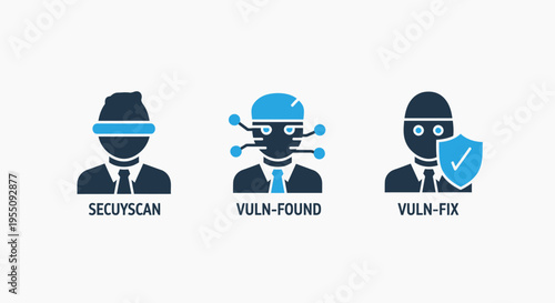Cybersecurity and antivirus icons: scan, vulnerability, fix
