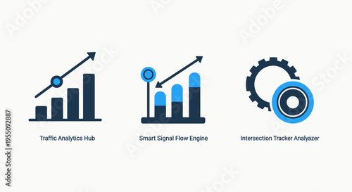 Business analytics icons: growth chart, data statistics, performance engine, representing business growth, data analysis, and performance monitoring