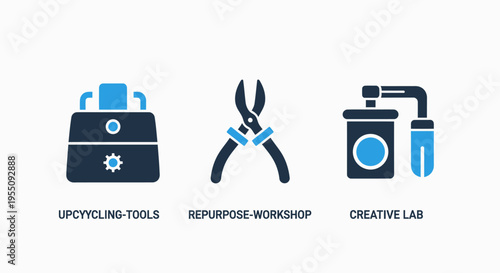 Creative workshop icons: upcycling tools, repurpose workshop, creative lab, representing diy, crafting, sustainability, and creative projects