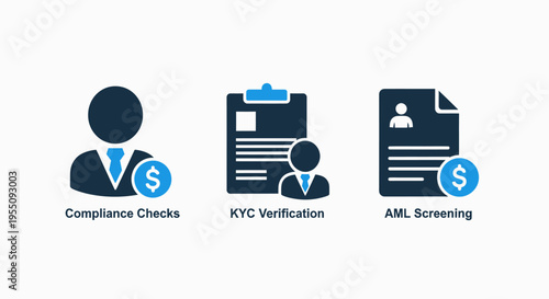 Financial icons: compliance, kyc verification, and aml screening for banking, investment, and regulatory business processes