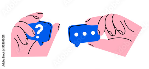 Hand drawn cute illustration of two human hands holding speech bubbles with dots and question mark. Flat vector arm gesture doodle. Questioning and answering. FAQ or customer support. Isolated.