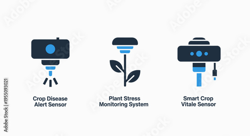 Smart agriculture icons: crop disease detection, plant monitoring, and soil analysis sensors for modern farming, agriculture technology