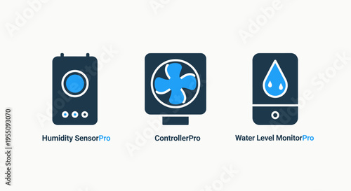 Smart home device icons: humidity sensor, cooler, and water level monitor