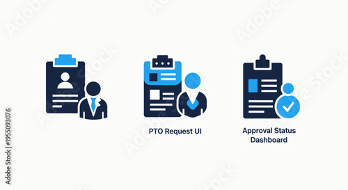 Human resources icons: candidate profile, application, and approved status dashboard