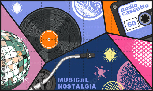 A colorful collage featuring a vinyl record, audio cassette, disco ball and other elements of 80s music culture. Vector illustration