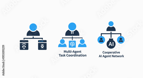 Multi-agent task coordination and cooperative AI network icons - system management, workforce delegation, and artificial intelligence structures