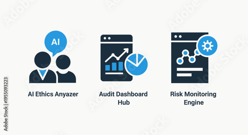 Ai ethics analyzer, audit dashboard, and risk monitoring engine icons - data analytics, compliance, and business intelligence software concepts