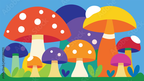 Vector art of a vibrant collection of colorful mushrooms in various shapes and sizes, set against a bright blue background, creating a whimsical scene