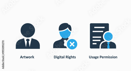 Artwork, digital rights management, and usage permission icons - intellectual property, licensing, and legal authorization concepts