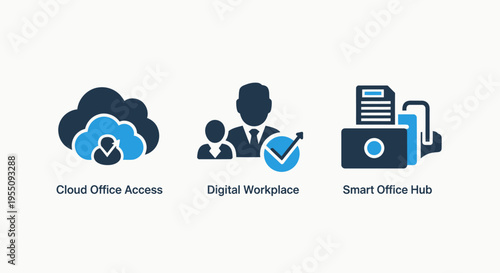 Digital workplace and smart office hub icons - flat vector for cloud access and business productivity systems
