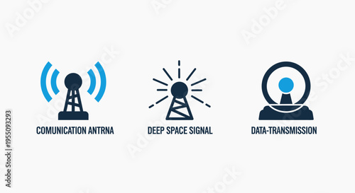 Communication antenna and data transmission icons - flat vector for telecommunication and deep space signal technology