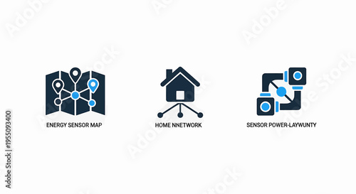 Smart location mapping, home innovation, and power delivery network icons representing intelligent infrastructure and iot solutions