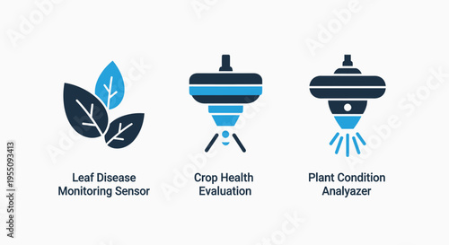 Leaf disease monitoring, crop health evaluation, and plant condition analyzer icons for smart agriculture technology and farming