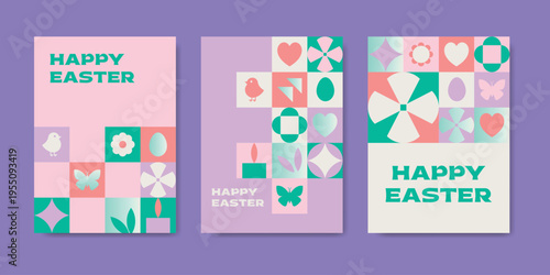 Happy Easter Geometric Vector Flat Postcards Set with Trendy White Color Of The Year 2026. Vector Flat Abstract Easter Neo Geometric Posters. Holiday Flyers, Cards for Web and Packaging.