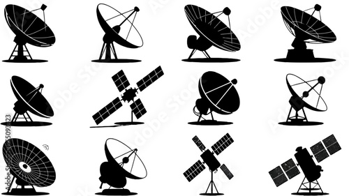 Satellite dishes and antennas in black.