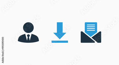 User, download, and email icons: person, down arrow, and message for communication, file transfer, and business applications