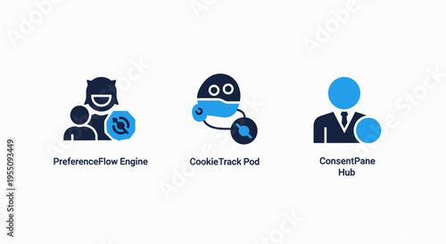 Privacy, data protection, and consent icons: protective engine, cookie tracking, and consent form for digital security and compliance