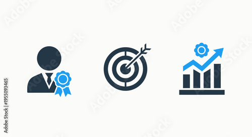 Business success and achievement vector icons representing professional goal setting, performance measurement, and employee recognition for corporate strategies