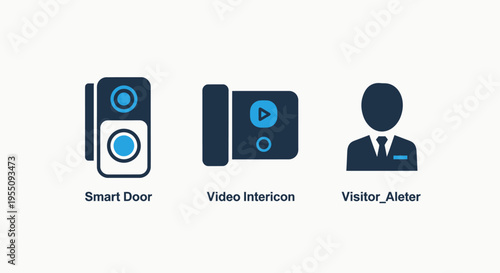 Smart home security system icons representing doorbells, intercom functionality, and visitor alert notifications for modern residential technology