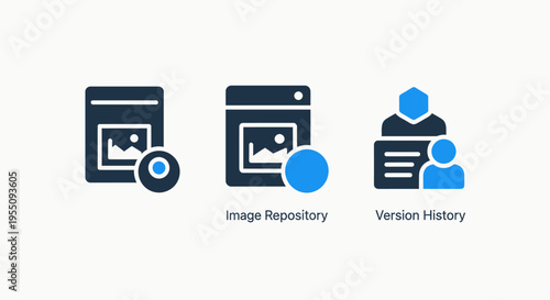 Image version control and history tracking icons: document revisions, updates, and collaborative workflow management for digital assets