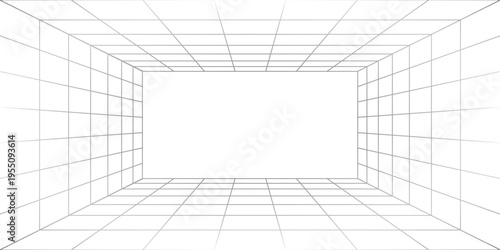 Futuristic perspective grid box. Abstract wireframe with white grid line on white background. Virtual reality landscape in 80s 90s digital style. Vector
