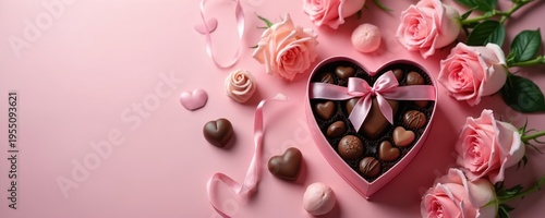 Heart shaped box with chocolates and pink roses. A gift for special someone. Sweet treat for lovers. Perfect for valentines day celebration. Lovely romantic gesture.